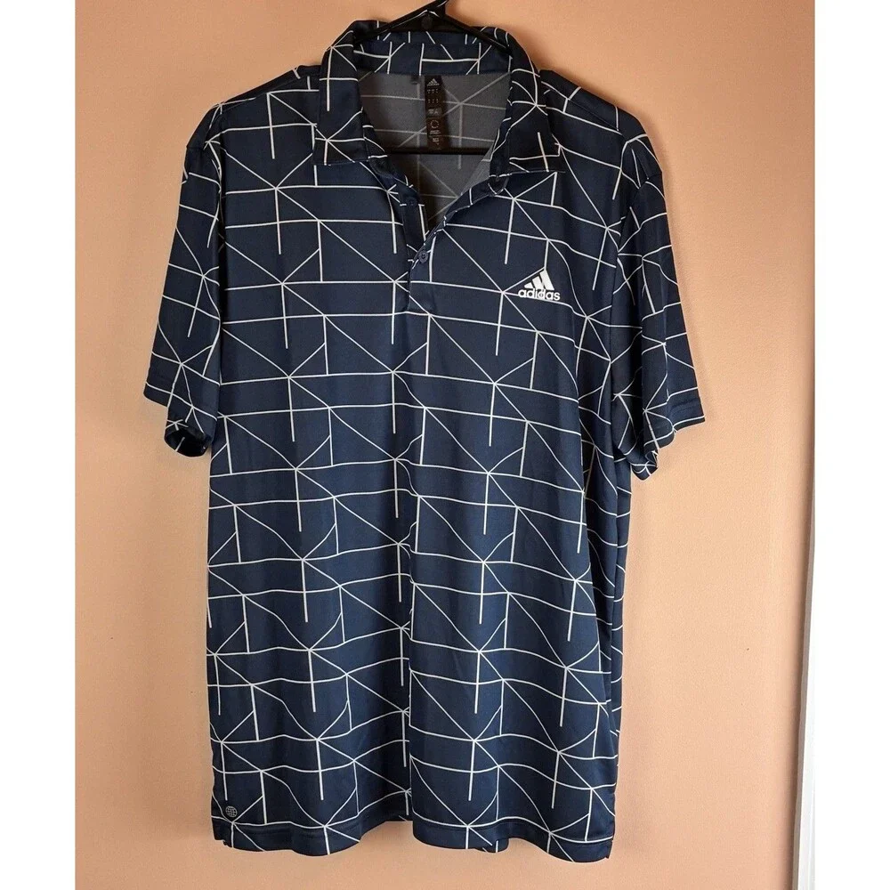 Adidas Performance Polo Shirt Mens Short Sleeve Navy Blue Geometric Size Large